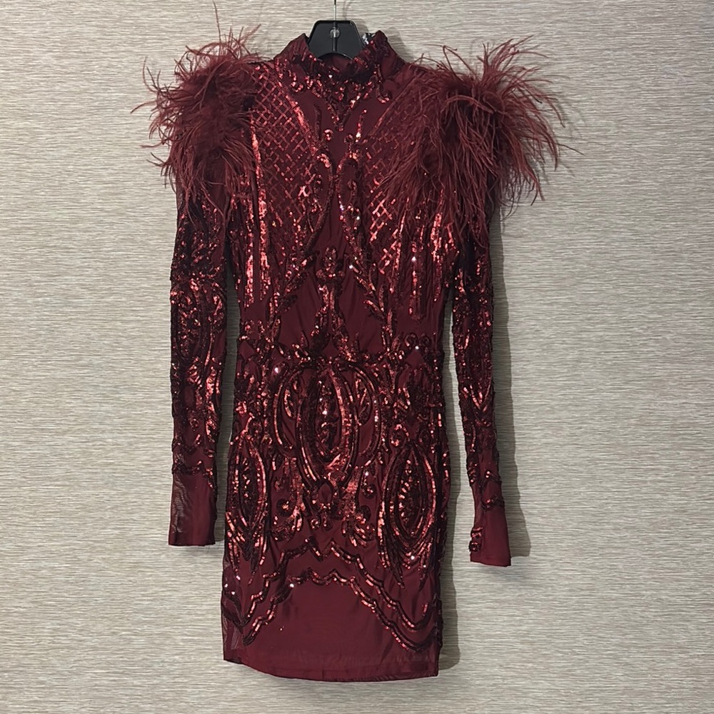 AKIRA Burgundy Sequin Long Sleeve Dress